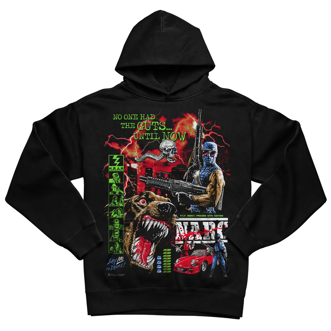 Black Rabbit's Black Oversized Luxury Hoodie with colorful NARC Arcade print.