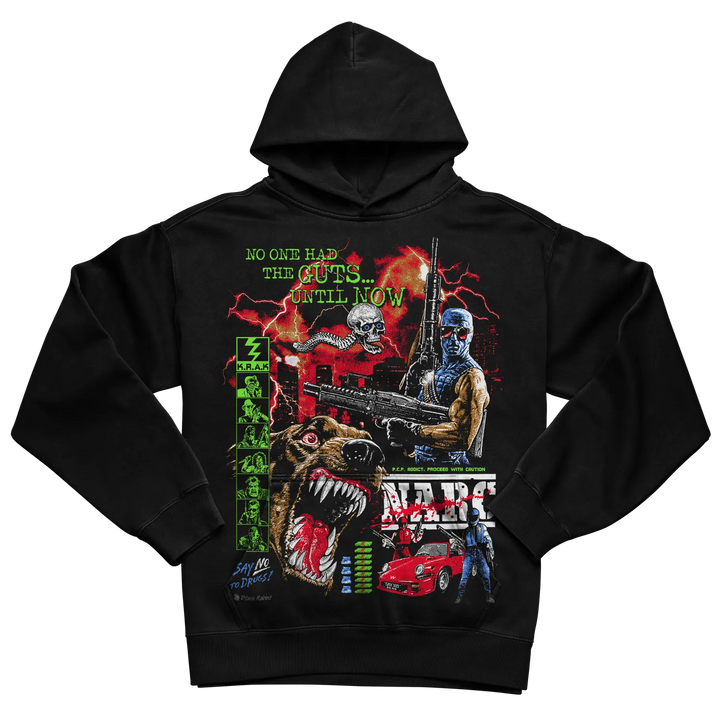 Black Rabbit's Black Oversized Luxury Hoodie with colorful NARC Arcade print.