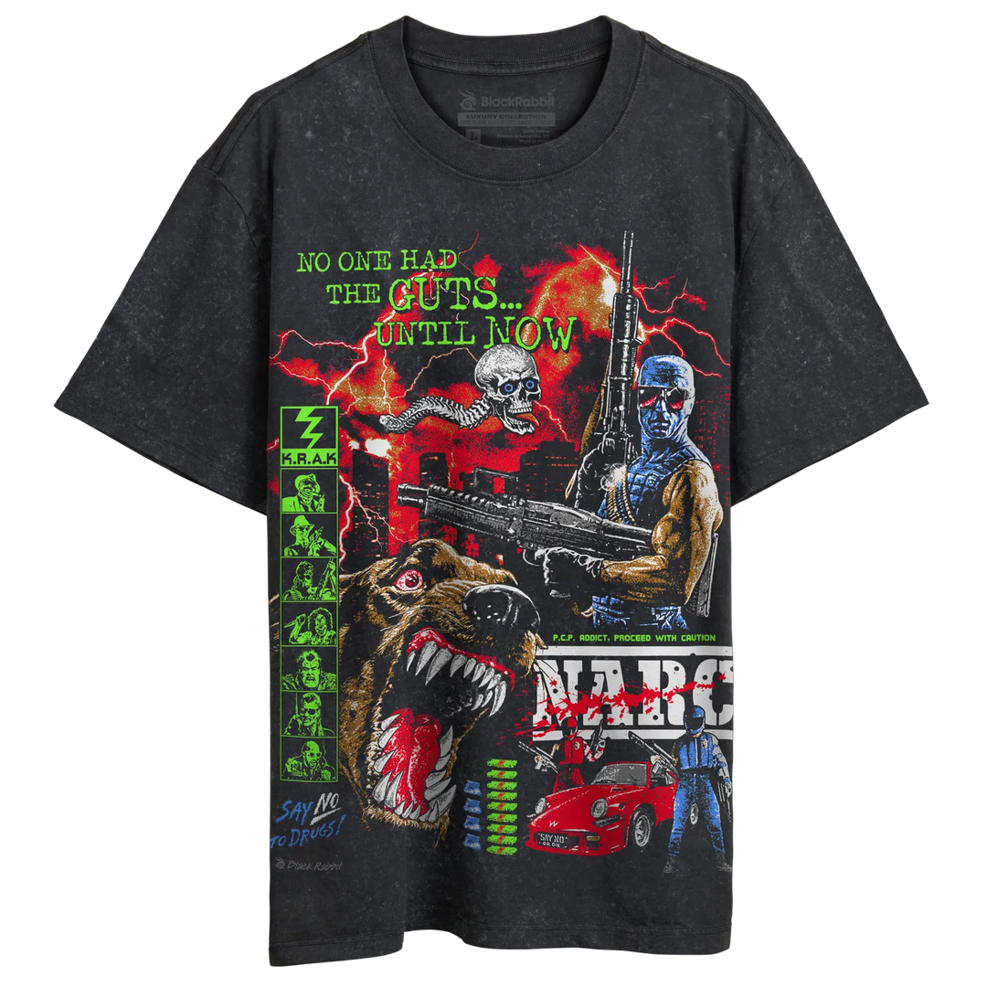 Black Rabbit's Stone Wash Oversized Luxury Heavy Tee with colorful NARC Arcade print.
