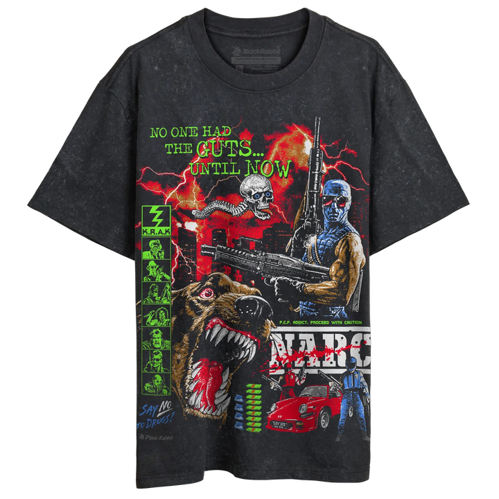 Black Rabbit's Stone Wash Oversized Luxury Heavy Tee with colorful NARC Arcade print.