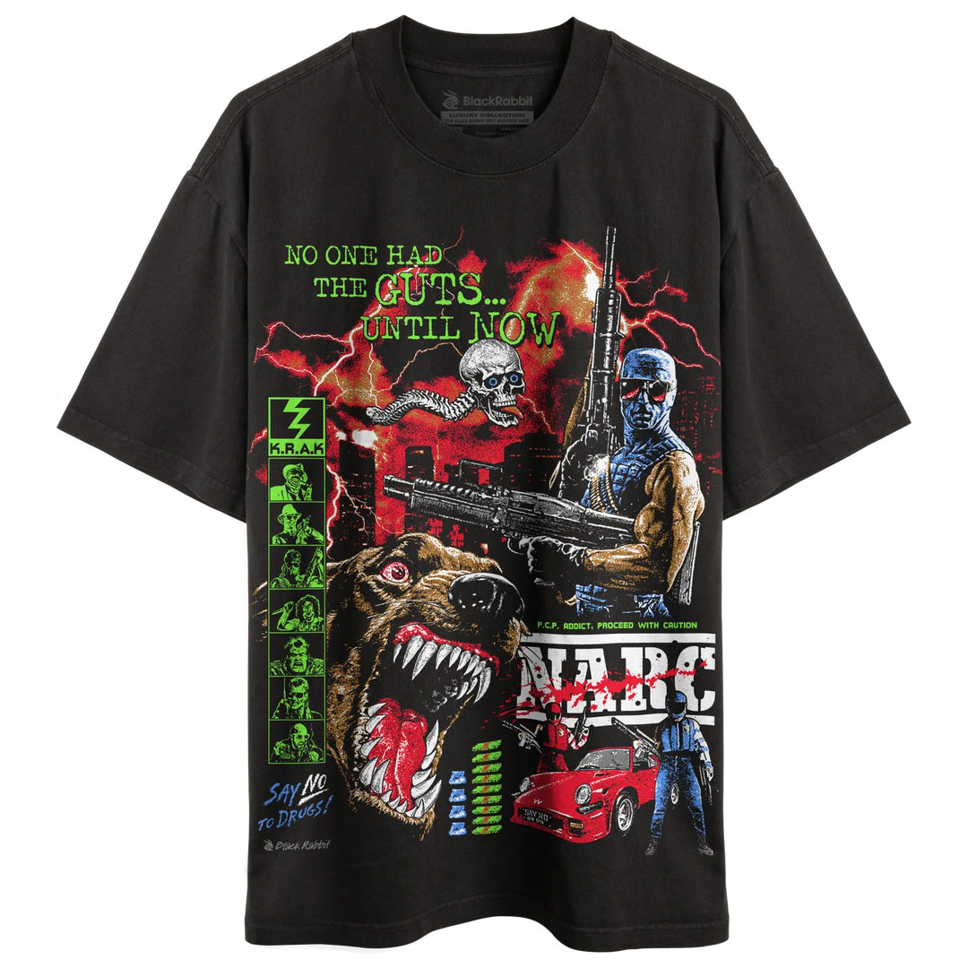 Black Rabbit's Faded Black Oversized Luxury Heavy Tee with colorful NARC Arcade print.