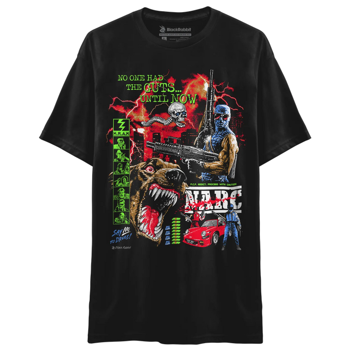 Black Rabbit's Black Soft Premium Tee with colorful NARC arcade print.