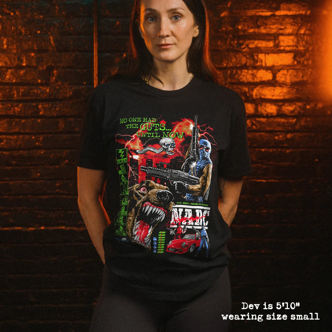 Female model wearing Black Rabbit Soft Premium Tee in Black with NARC print. She is 5'10" and wearing a size small.