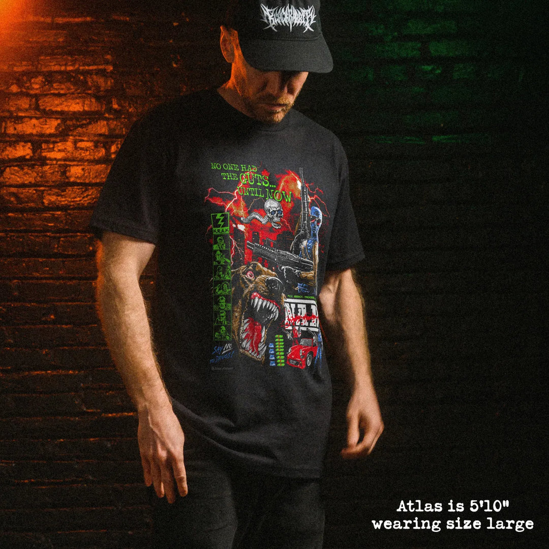 Male model wearing Black Rabbit Soft Premium Tee in Black with NARC print. He is 5'10" and wearing a size large.