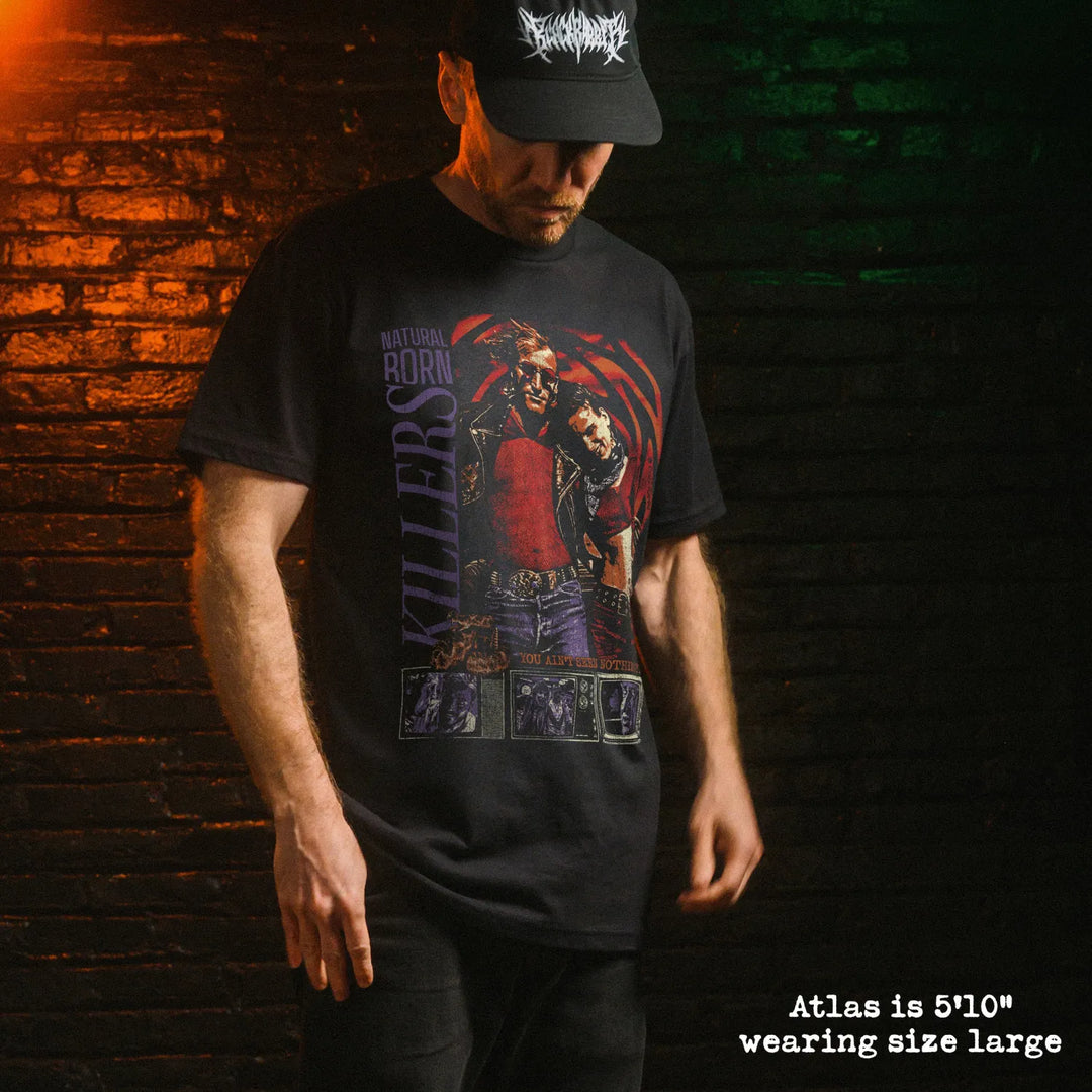 Male model wear soft premium tee with Natural Born Killers graphic

