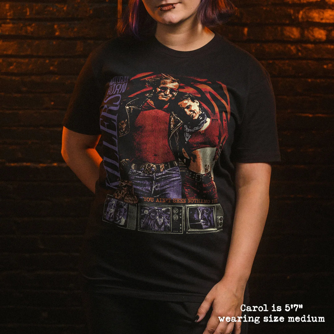 model wear soft premium tee with natural born killers graphic
