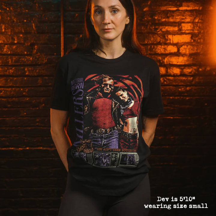 model wear soft premium tee with natural born killers graphic
