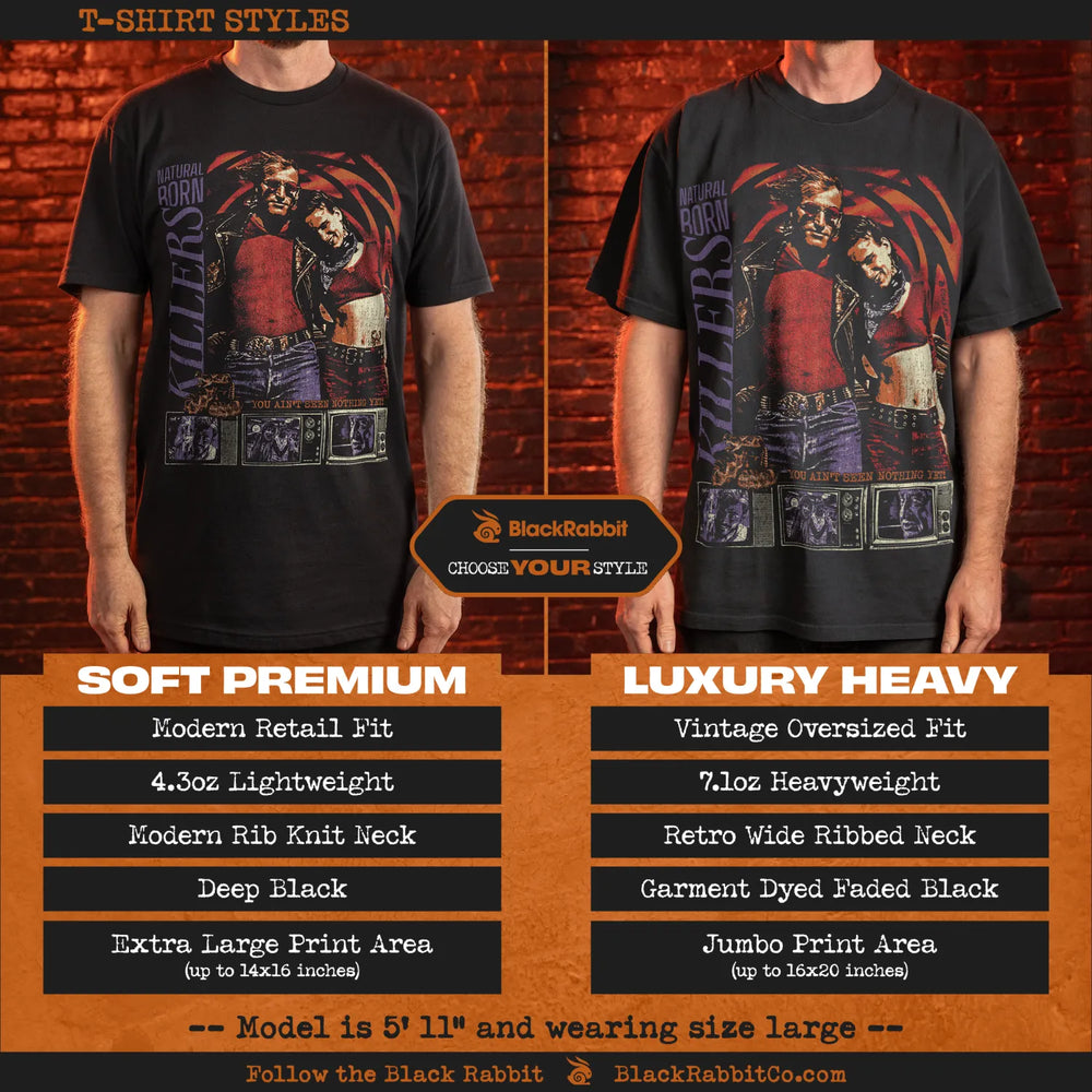 Two black t-shirts of different styles, one ’soft premium’ and one ’luxury heavy,’ both featuring a graphic print of two figures.