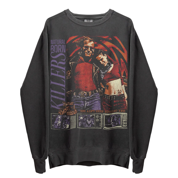 Dark gray crewneck sweatshirt with a colorful graphic print featuring two people and ’Natural Born Killers’ text.