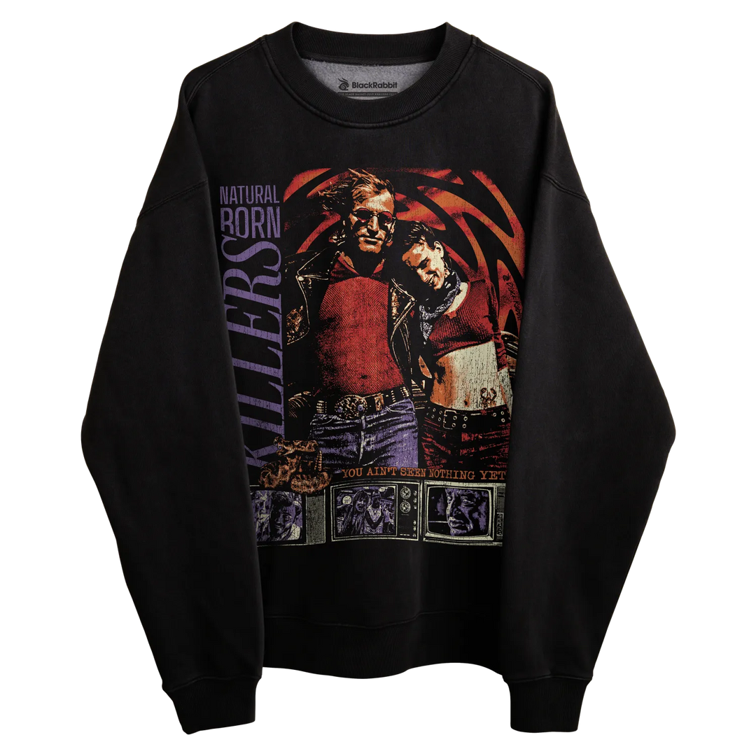 Black sweatshirt with graphic design of two men in leather jackets and ’natural born killers’ text.