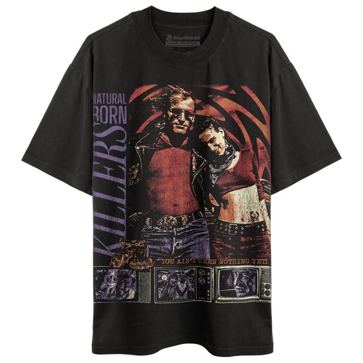 Black t-shirt with a ’Natural Born Killers’ graphic print featuring two people and small TV screens.