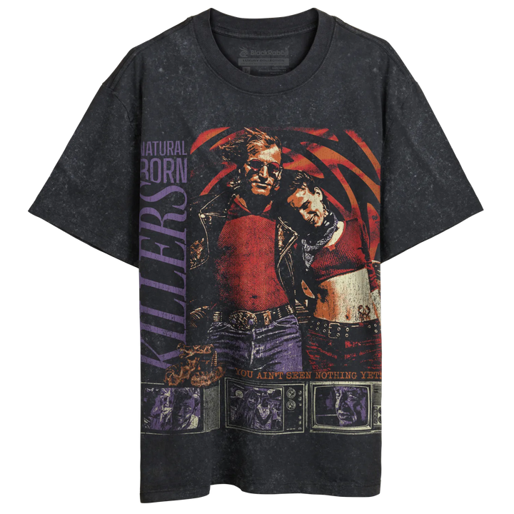Dark grey, vintage-style t-shirt with a graphic print of two figures and movie-themed imagery.
