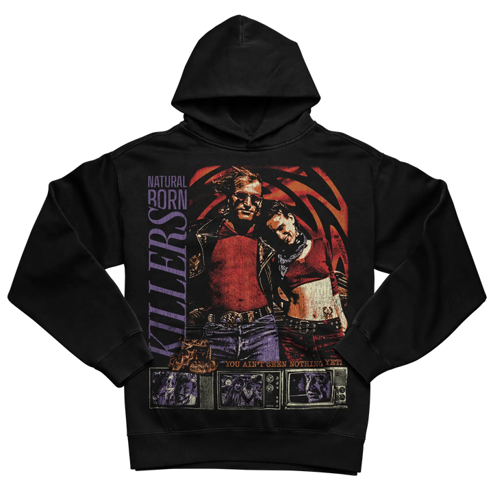 Black hoodie with graphic print of two figures and text ’natural born killers’