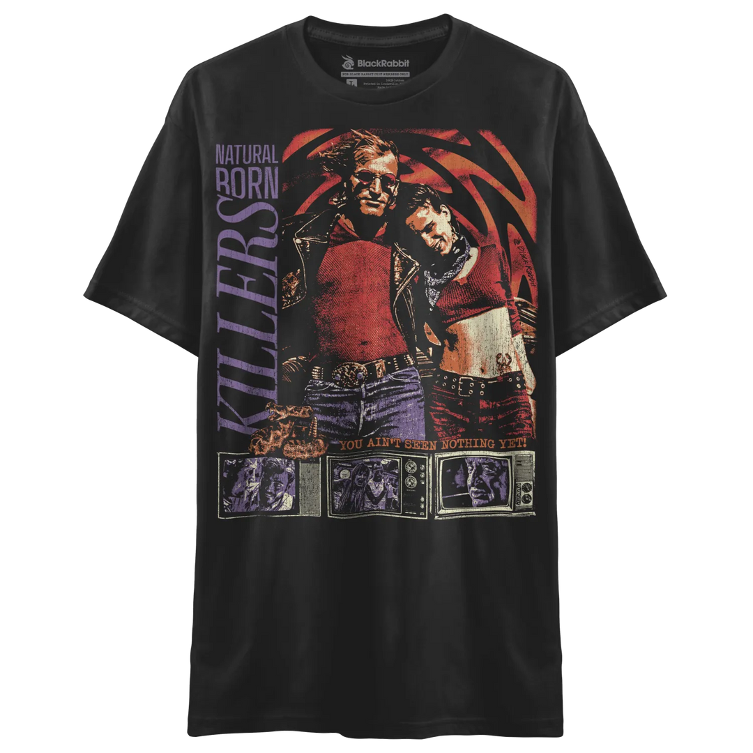 Black crew-neck t-shirt with a ’Natural Born Killers’ movie poster graphic.