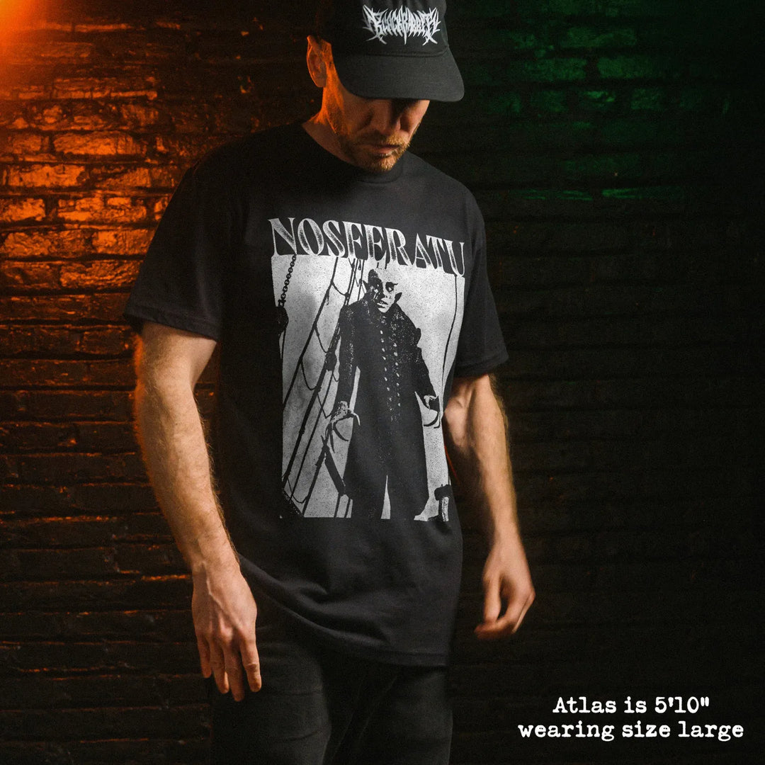Male model wear soft premium tee with Nosferatu graphic

