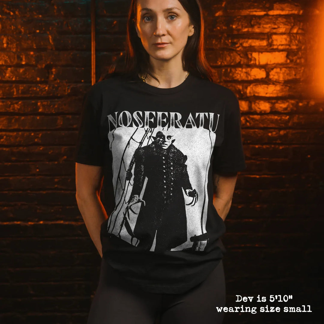 model wear soft premium tee with nosferatu graphic
