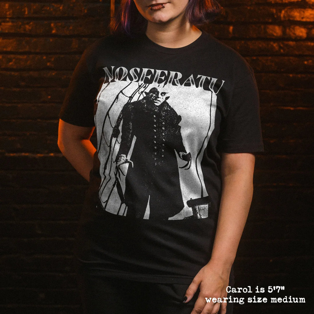 model wear soft premium tee with nosferatu graphic
