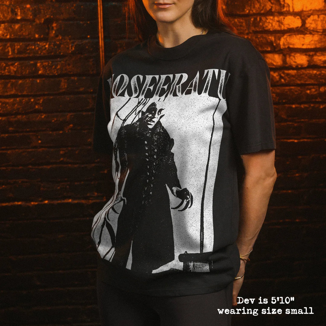 Model wearing heavy tee with nosferatu graphic 