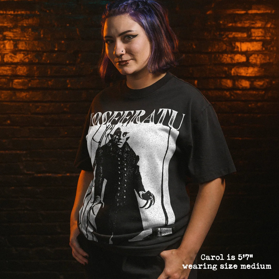 Model wearing heavy tee with nosferatu graphic 