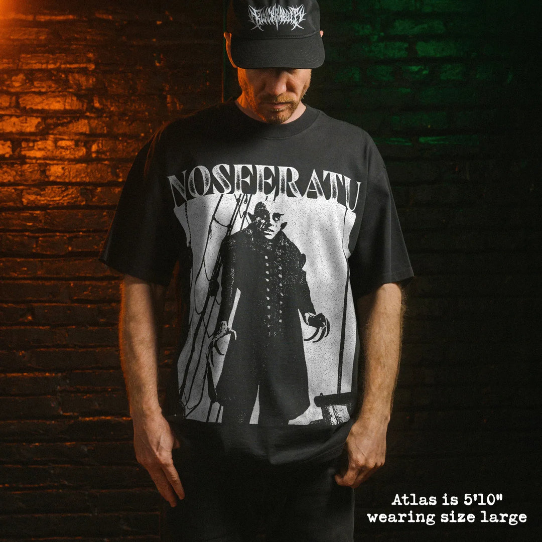 Model wearing heavy tee with nosferatu graphic 