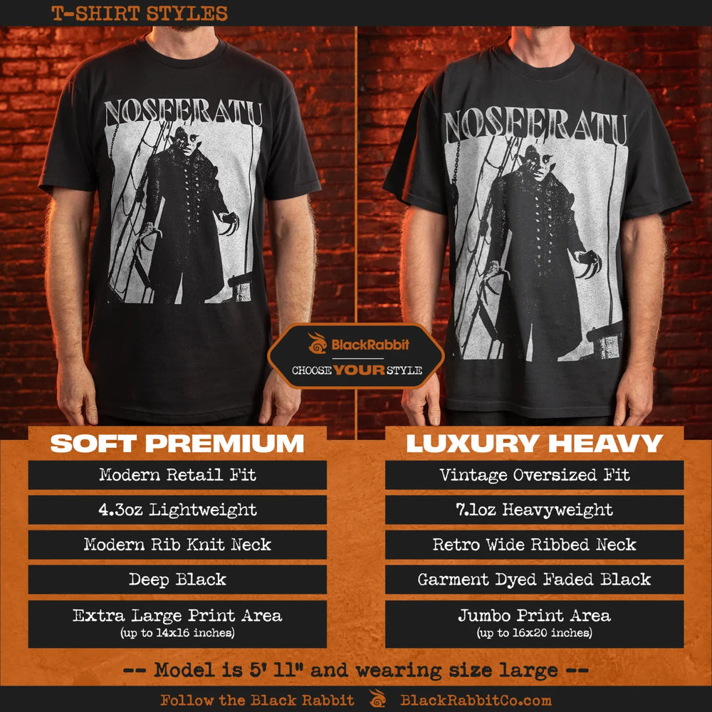 A comparison of two black t-shirt styles featuring a Nosferatu graphic.