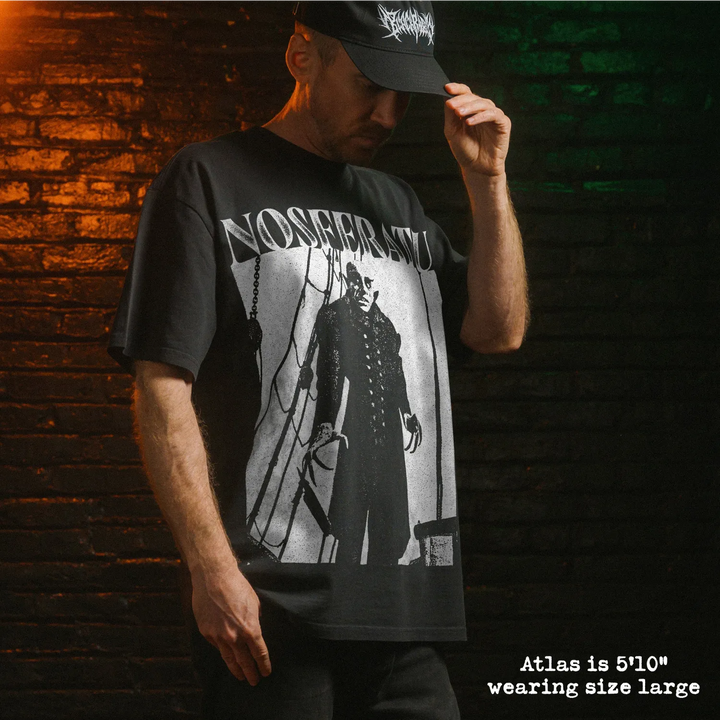 Model wearing heavy tee with nosferatu graphic 