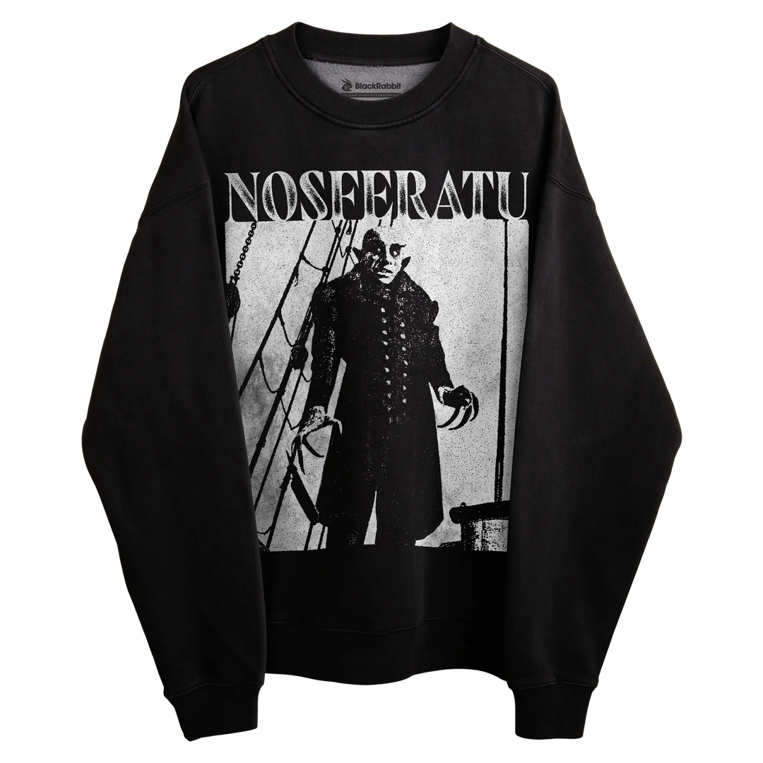 Black crew neck sweatshirt with nosferatu graphic design.