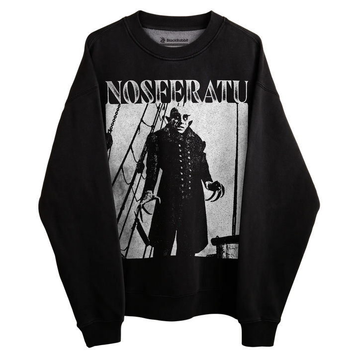 Black crew neck sweatshirt with nosferatu graphic design.