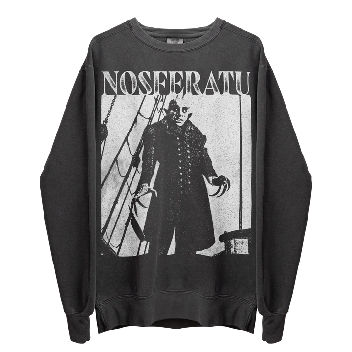 Black long-sleeved crew-neck sweatshirt with a large white graphic print of Count Orlok from Nosferatu.