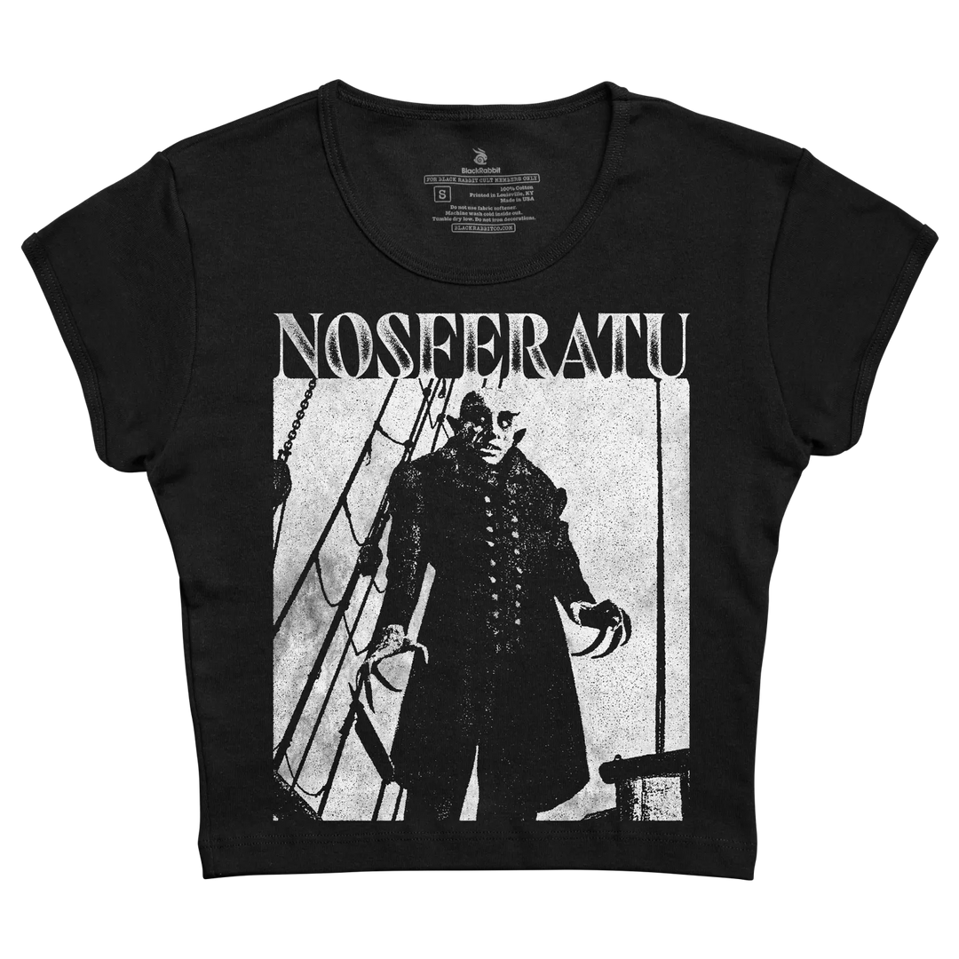 Black women’s t-shirt featuring a white distressed graphic of the nosferatu character from the classic horror film.