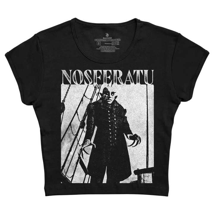 Black women’s t-shirt featuring a white distressed graphic of the nosferatu character from the classic horror film.