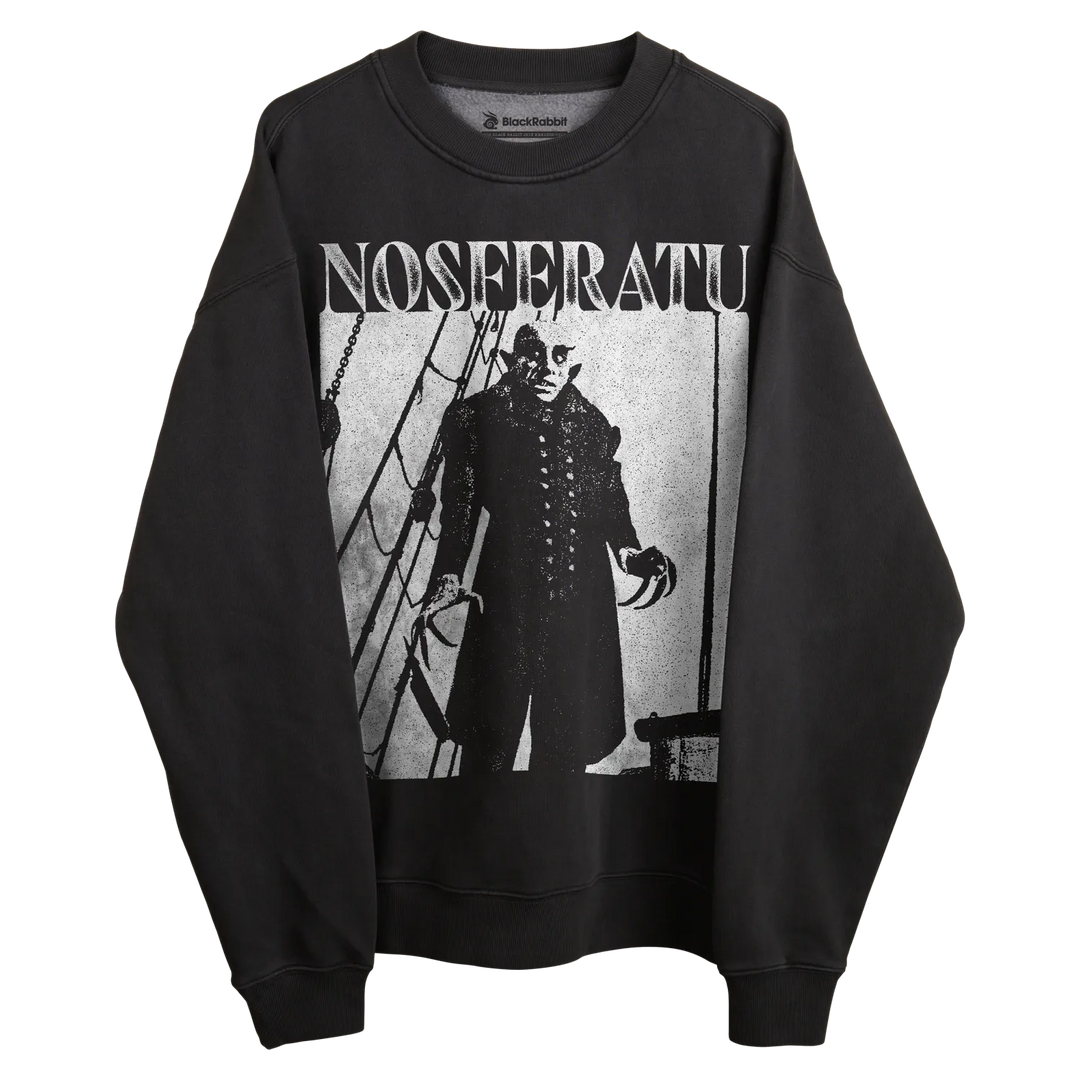 Black long-sleeved sweatshirt with nosferatu graphic design, featuring a classic horror movie poster print.