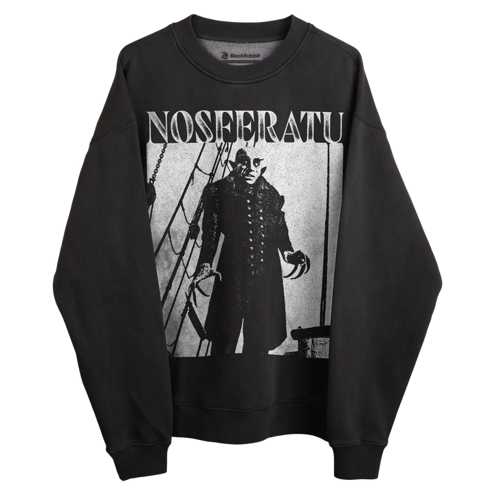 Black long-sleeved sweatshirt with nosferatu graphic design, featuring a classic horror movie poster print.
