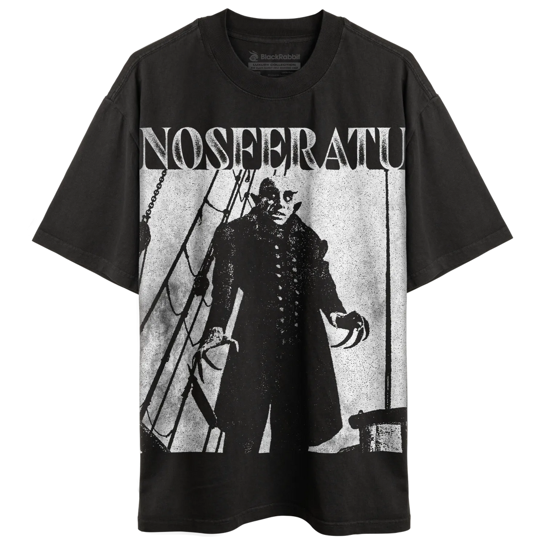 Black crew neck t-shirt with a white graphic print of Count Orlok from Nosferatu.