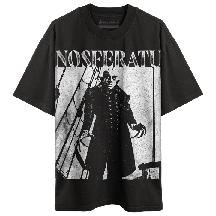Black crew neck t-shirt with a white graphic print of Count Orlok from Nosferatu.