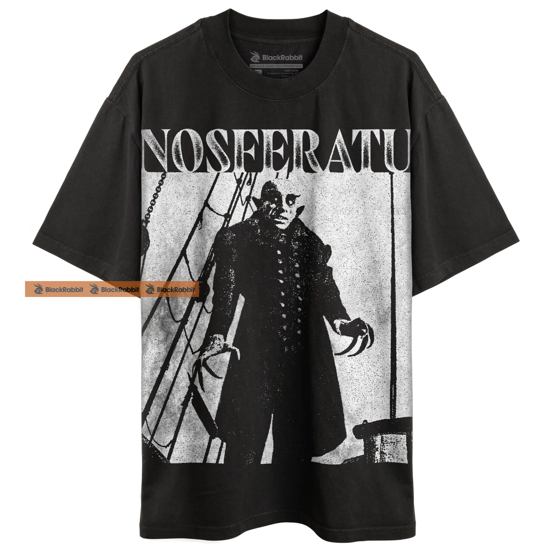 Black t-shirt with Nosferatu graphic.