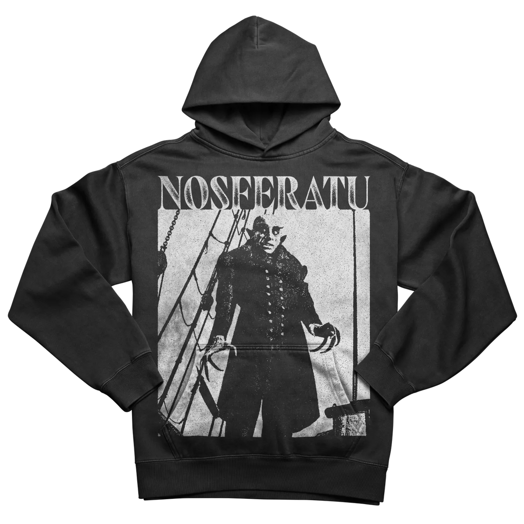 Black hoodie with a white graphic print of Nosferatu.