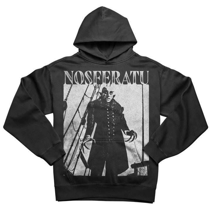 Black hoodie with a white graphic print of Nosferatu.
