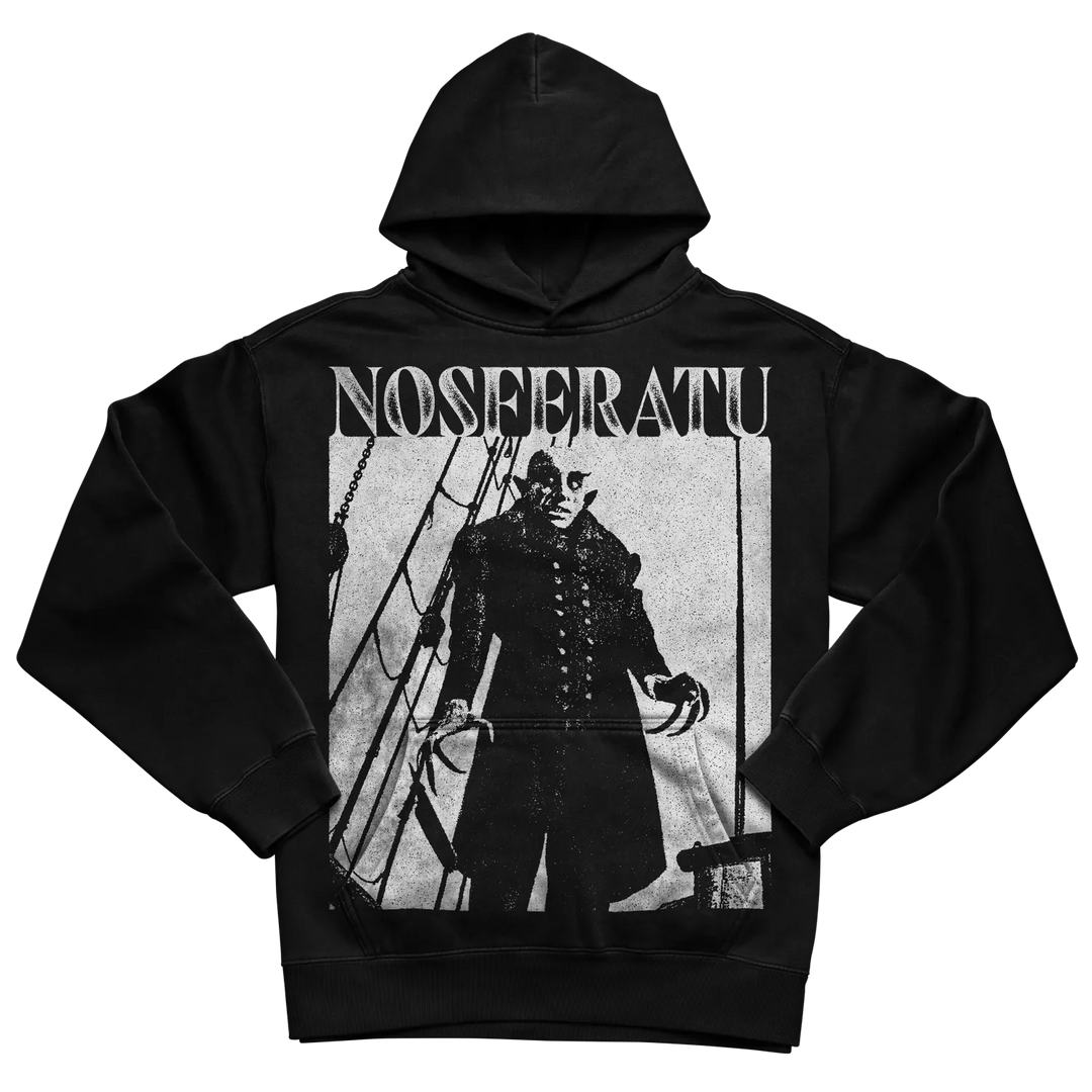 Black nosferatu hoodie with hood and graphic design on front.
