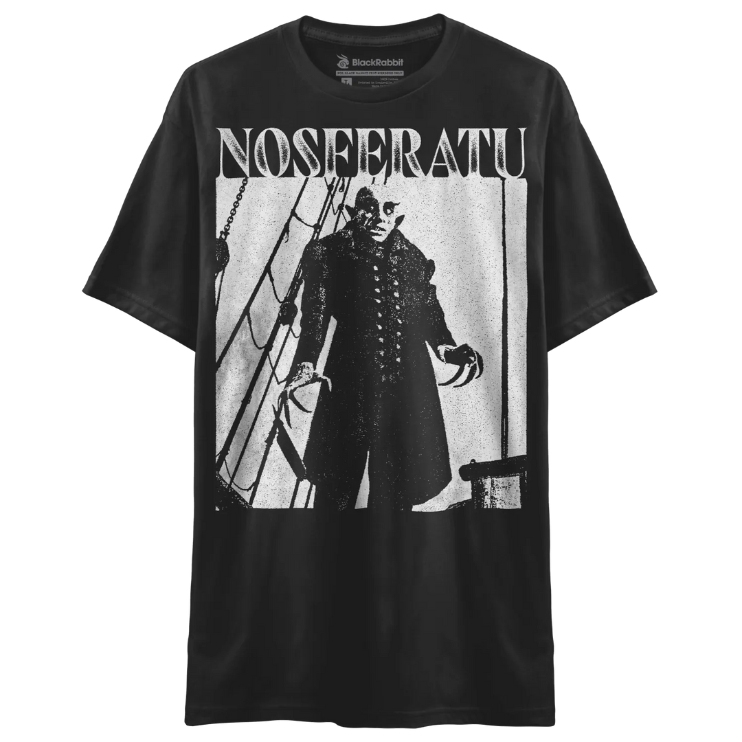 Black T-shirt with a white Nosferatu graphic.