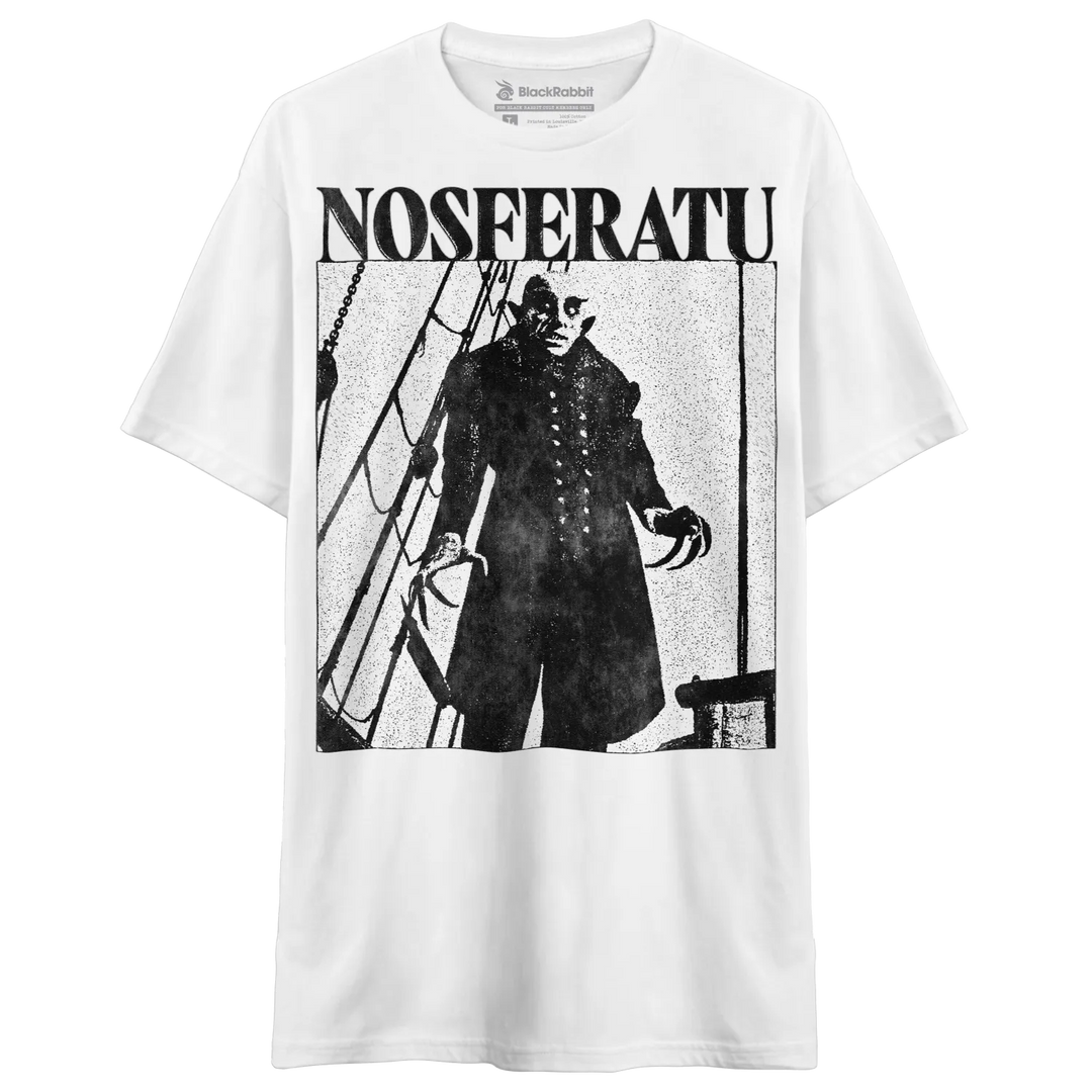 White short-sleeved t-shirt with a black and white print of Nosferatu on a ship.