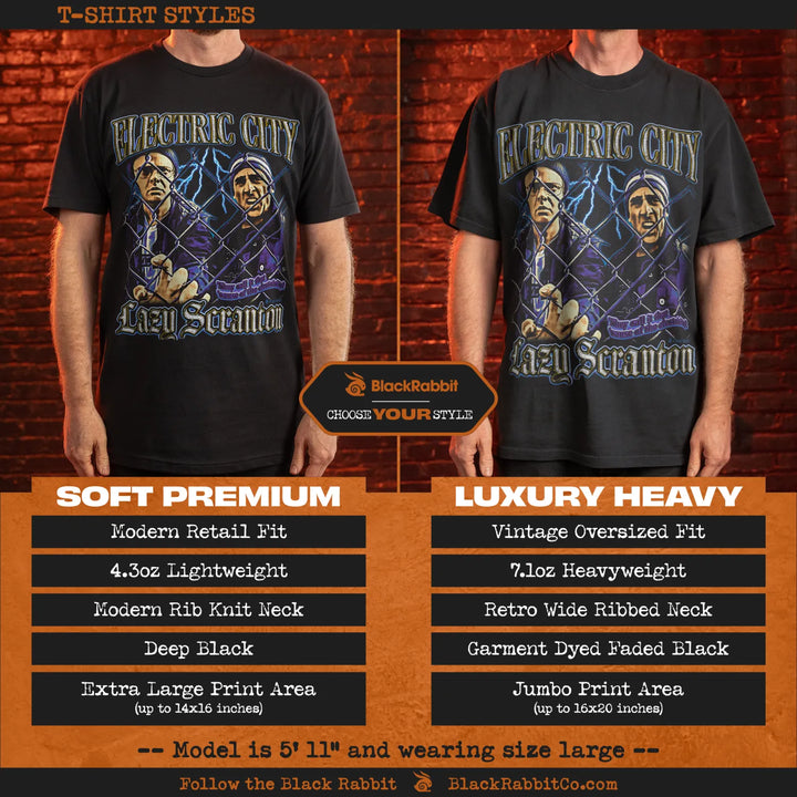 Two t-shirts, one a soft premium fit and the other a luxury heavy vintage oversized fit, both featuring a ’Electric City Lazy Scranton’ graphic design.