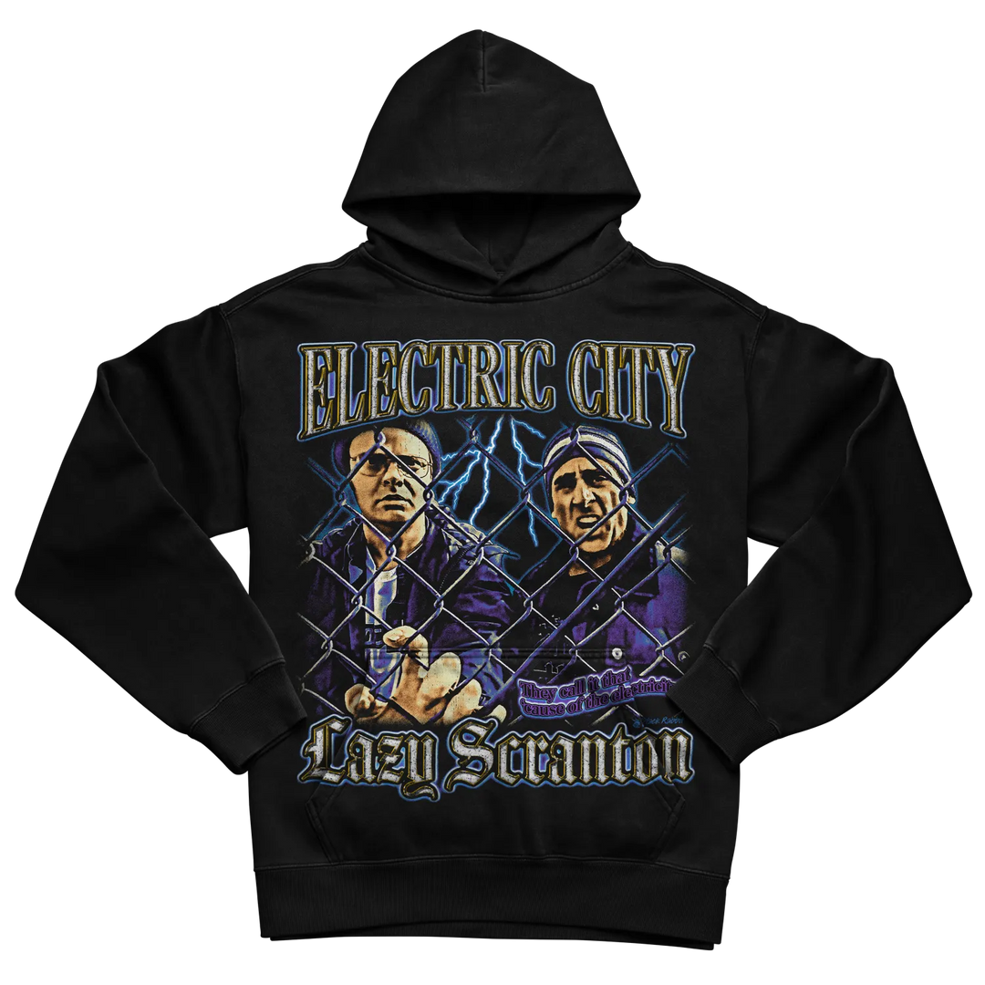 Black hoodie with graphic design of two men behind a chain-link fence, featuring the text ’electric city lazy scranton.’