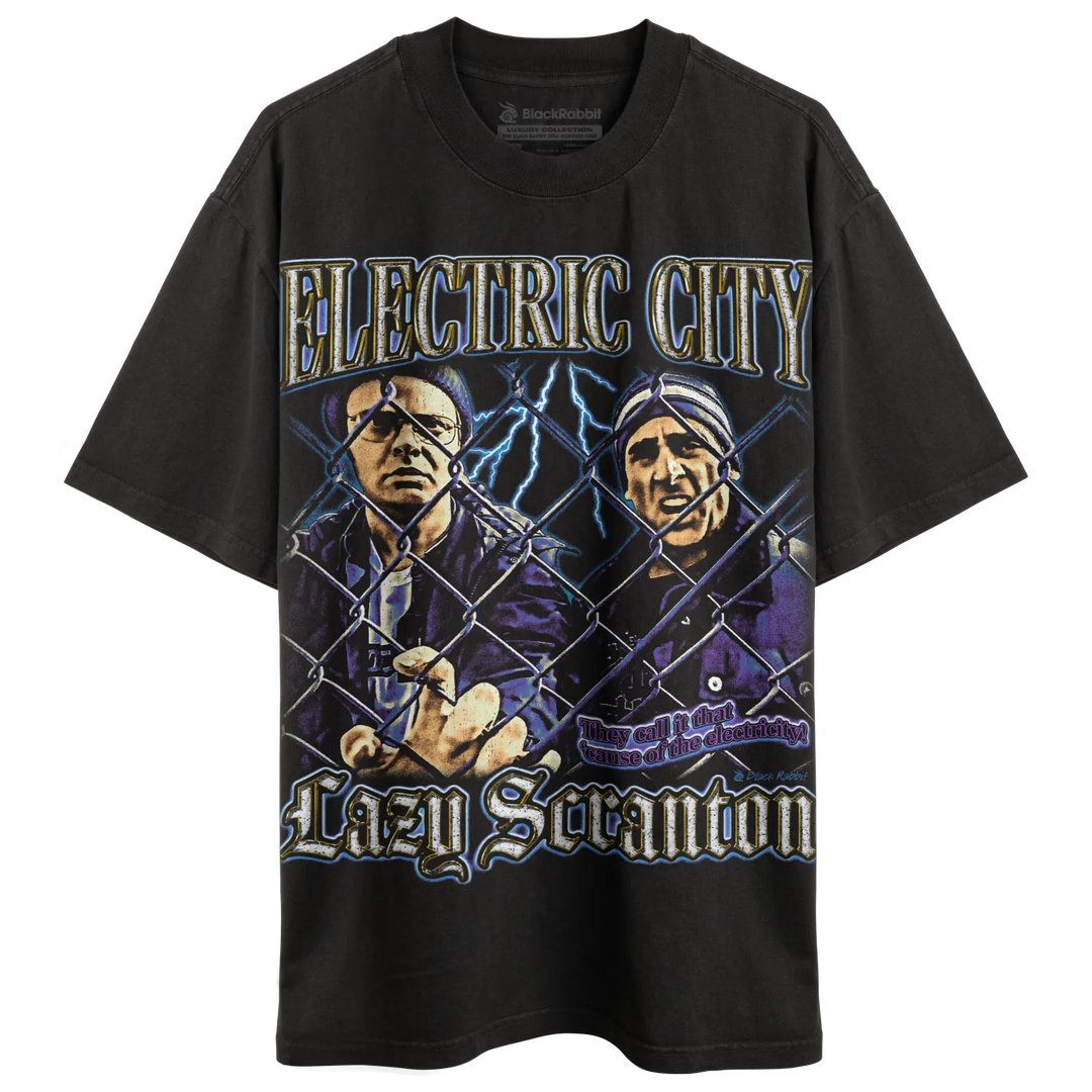Black short-sleeve crewneck t-shirt with a graphic print of two men behind a chain-link fence and lightning.