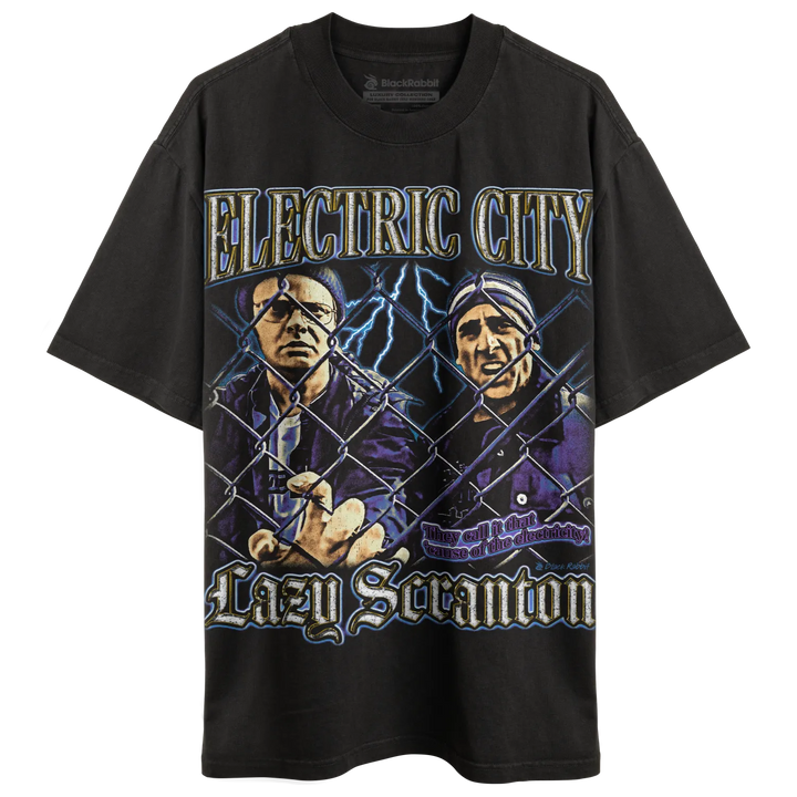 Black short-sleeve crewneck t-shirt with a graphic print of two men behind a chain-link fence and lightning.