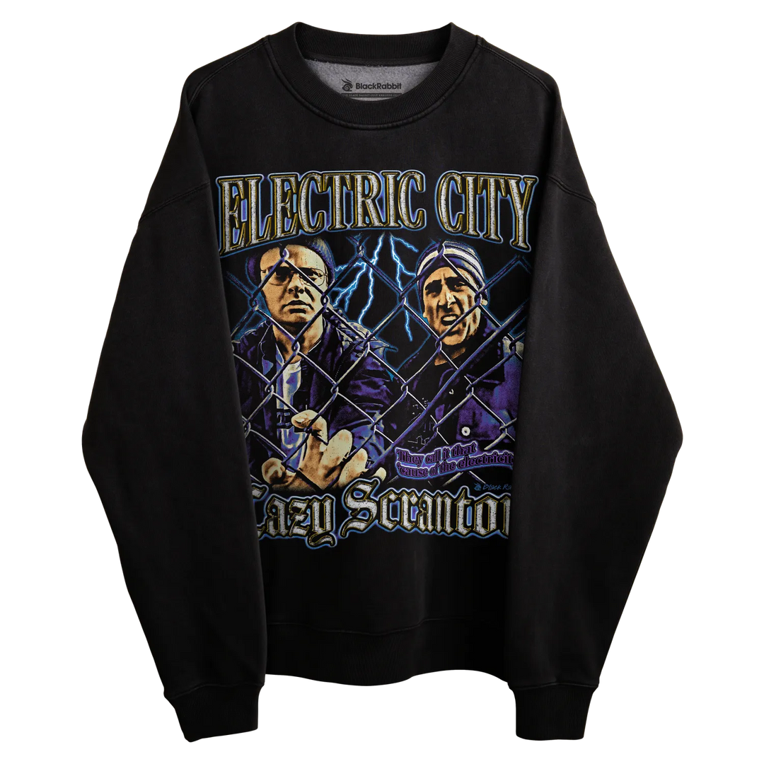Black crewneck sweatshirt with ’electric city’ and ’gary stranahan’ graphic design featuring two figures in purple attire.