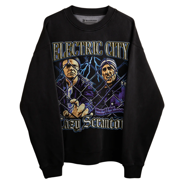 Black crewneck sweatshirt with ’electric city’ and ’gary stranahan’ graphic design featuring two figures in purple attire.