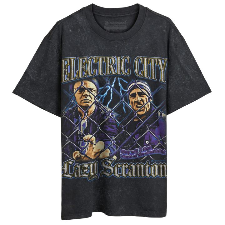 Black, short-sleeved t-shirt with a graphic of two men behind a fence and ’ELECTRIC CITY LAZY SCRANTON’ text.