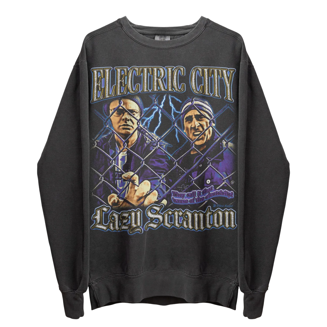 Dark gray long-sleeve crewneck sweatshirt with a graphic print of two men behind a chain-link fence.