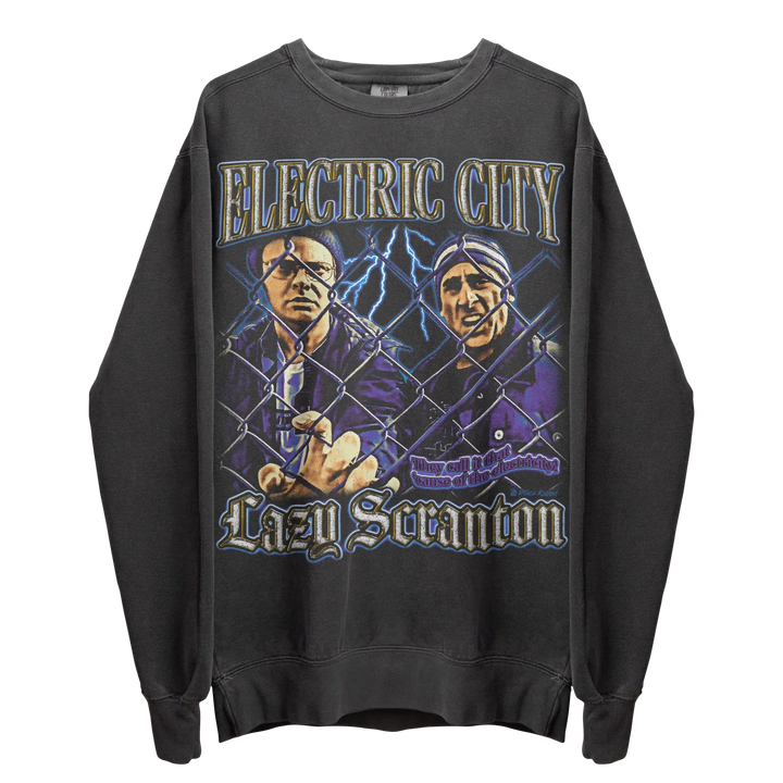 Dark gray long-sleeve crewneck sweatshirt with a graphic print of two men behind a chain-link fence.